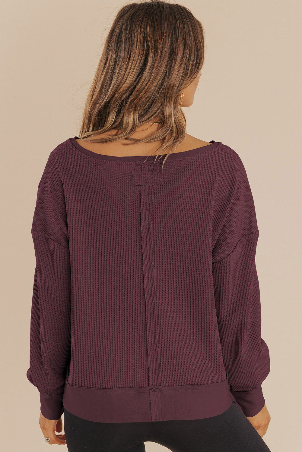 Plum Waffle Knit Notched V Neck Drop Shoulder Solid Sweatshirt - PREORDER