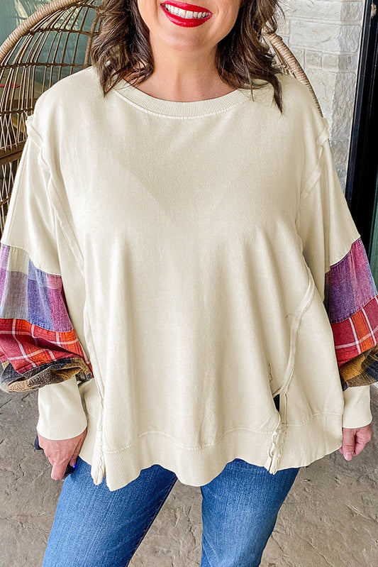 Beige Plus Size Multicolor Plaid Patchwork Sleeve Pullover Top - PREORDER