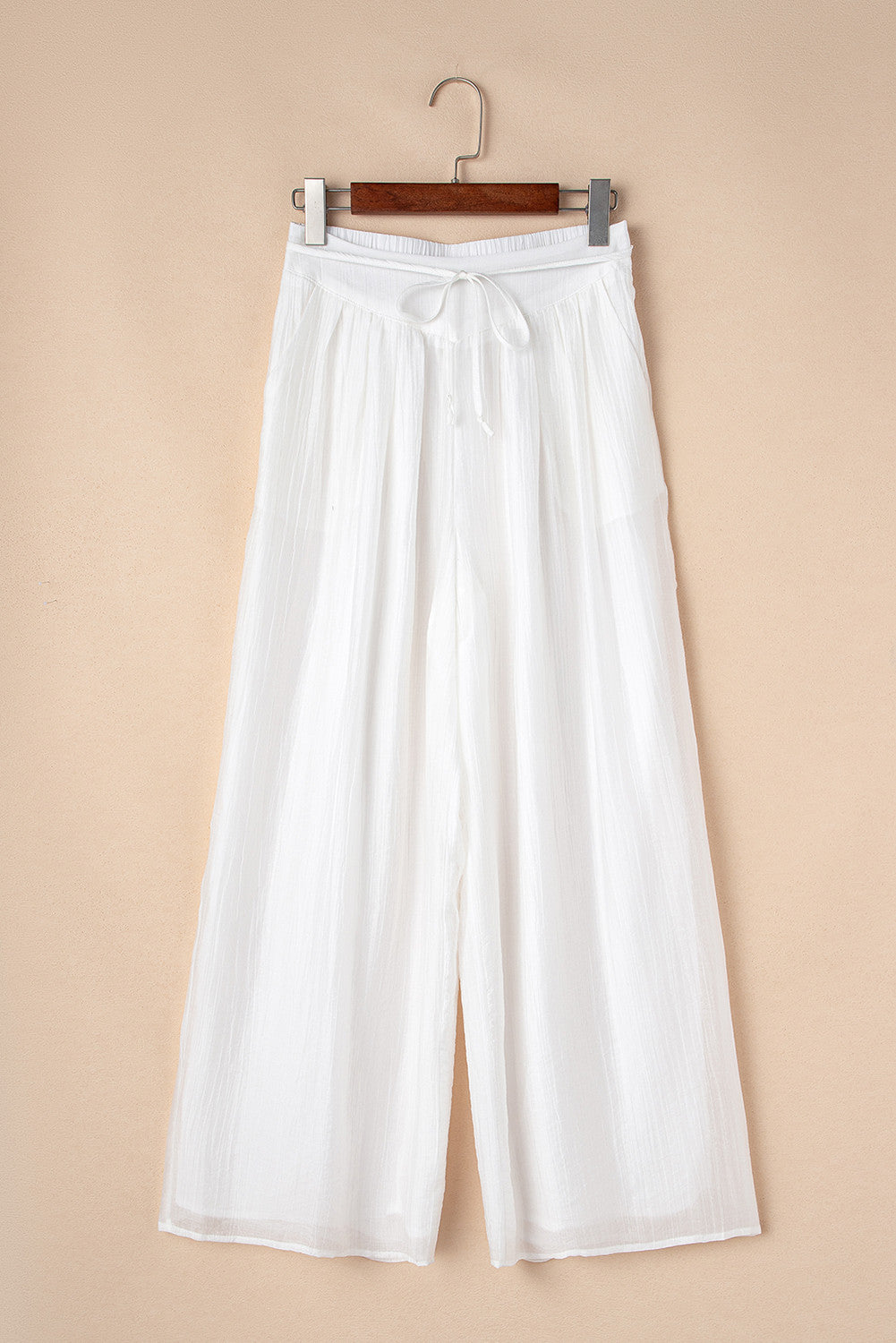 White Casual Tie Waist Pleated Wide Leg Pants - PREORDER