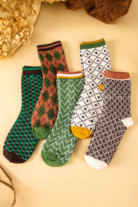 5 Pairs Retro Geometric Pattern Combed Cotton Socks Set - PREORDER