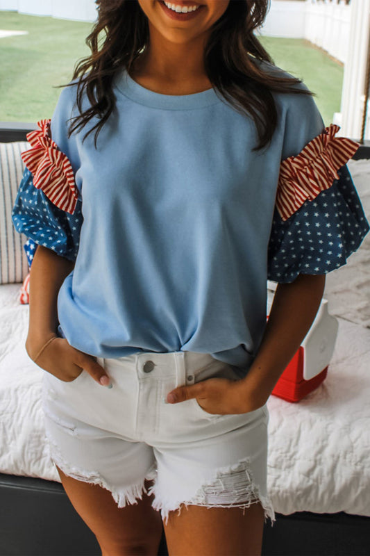 Beau Blue Stars Stripes Short Puff Sleeve Top - PREORDER
