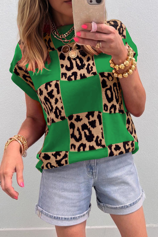 Green Leopard Checkerboard Short Sleeve Knit Sweater - PREORDER