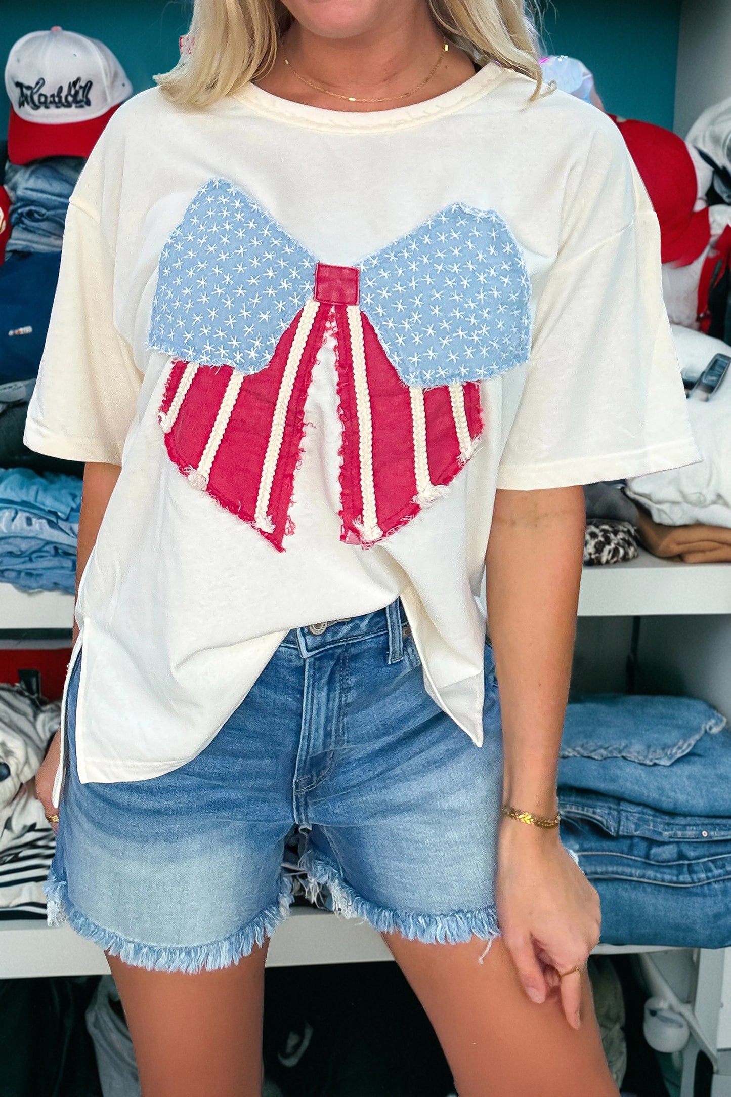 White Loose Knit Vintage Flag Bow Patched T Shirt