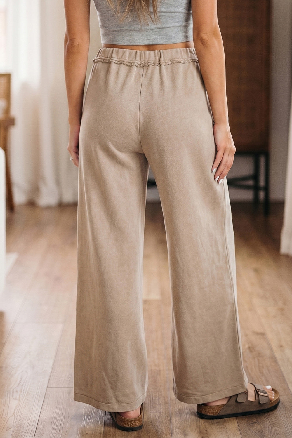 Smoke Gray Mineral Wash Drawstring Retro High Waist Wide Leg Western Pants - PREORDER