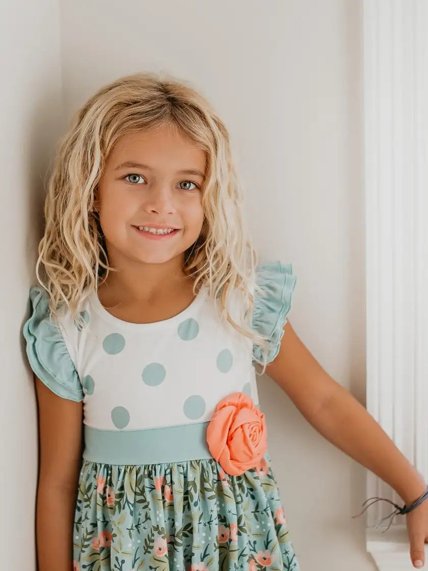 Kids Sage & Dusty Blue Floral Rosette Summer Twirl Dress