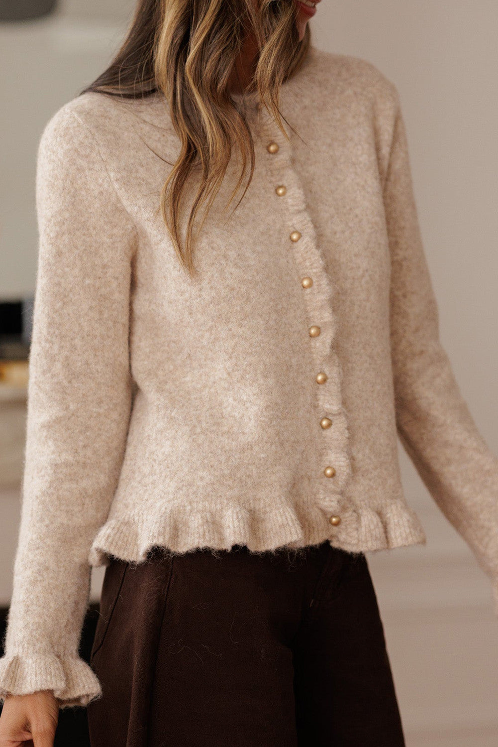 Oatmeal Ruffle Trim Gold Button Sweater Cardigan - PREORDER