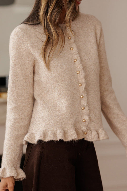 Oatmeal Ruffle Trim Gold Button Sweater Cardigan - PREORDER
