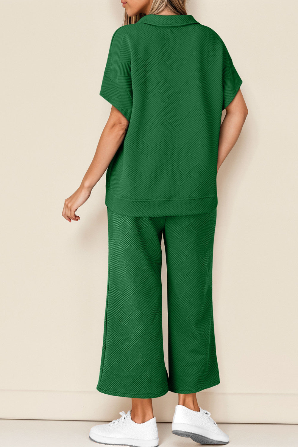 Dark Green Stylish Textured Loose Fit T Shirt and Drawstring Pants Set - PREORDER