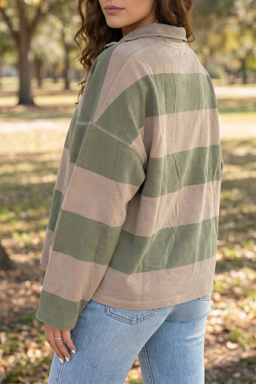 Green Striped Colorblock Zipper Pullover Long Sleeve Loose Top - PREORDER