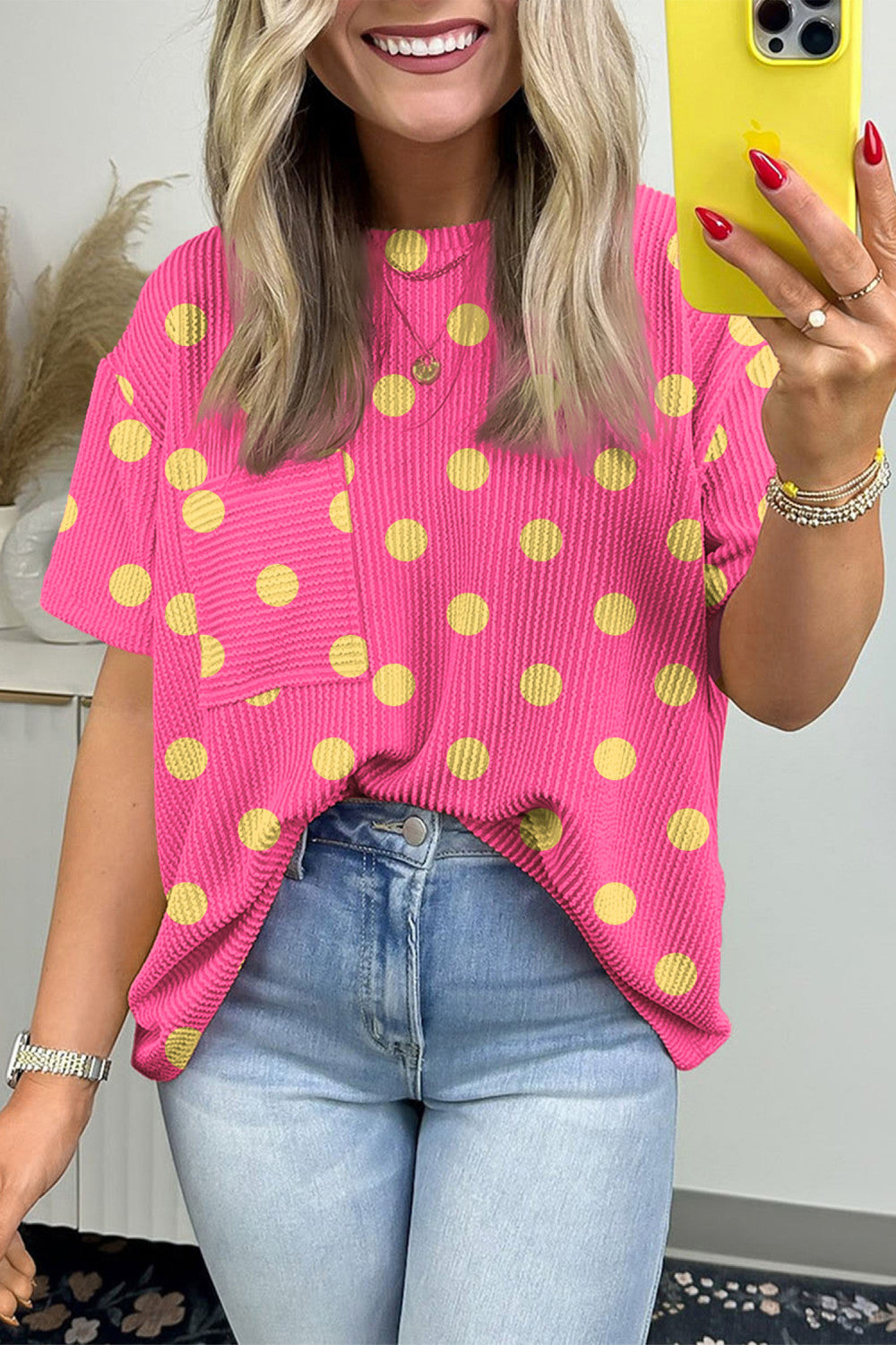 Pink Polka Dot Patch Pocket Twisted Ribbed Top - PREORDER