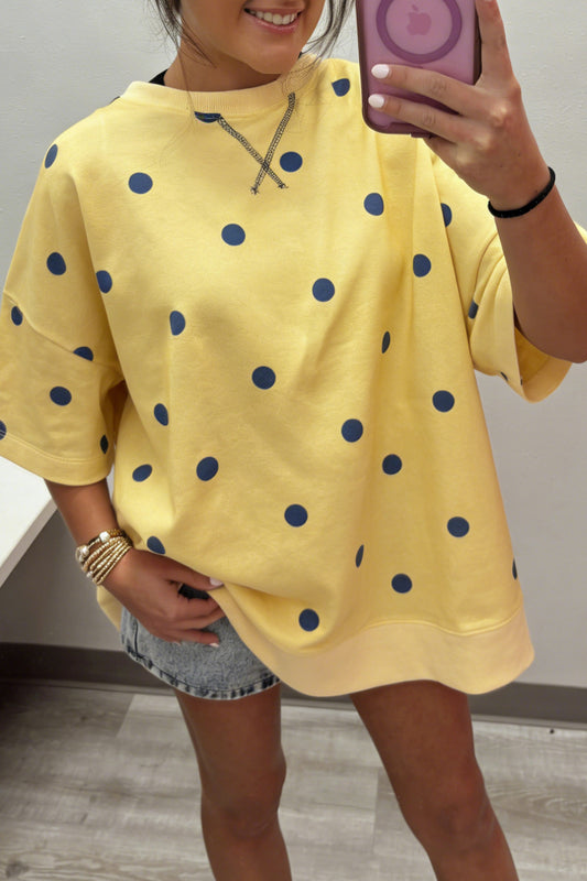 Yellow Polka Dot Print Crossed Seam Detail Oversize Tee - PREORDER