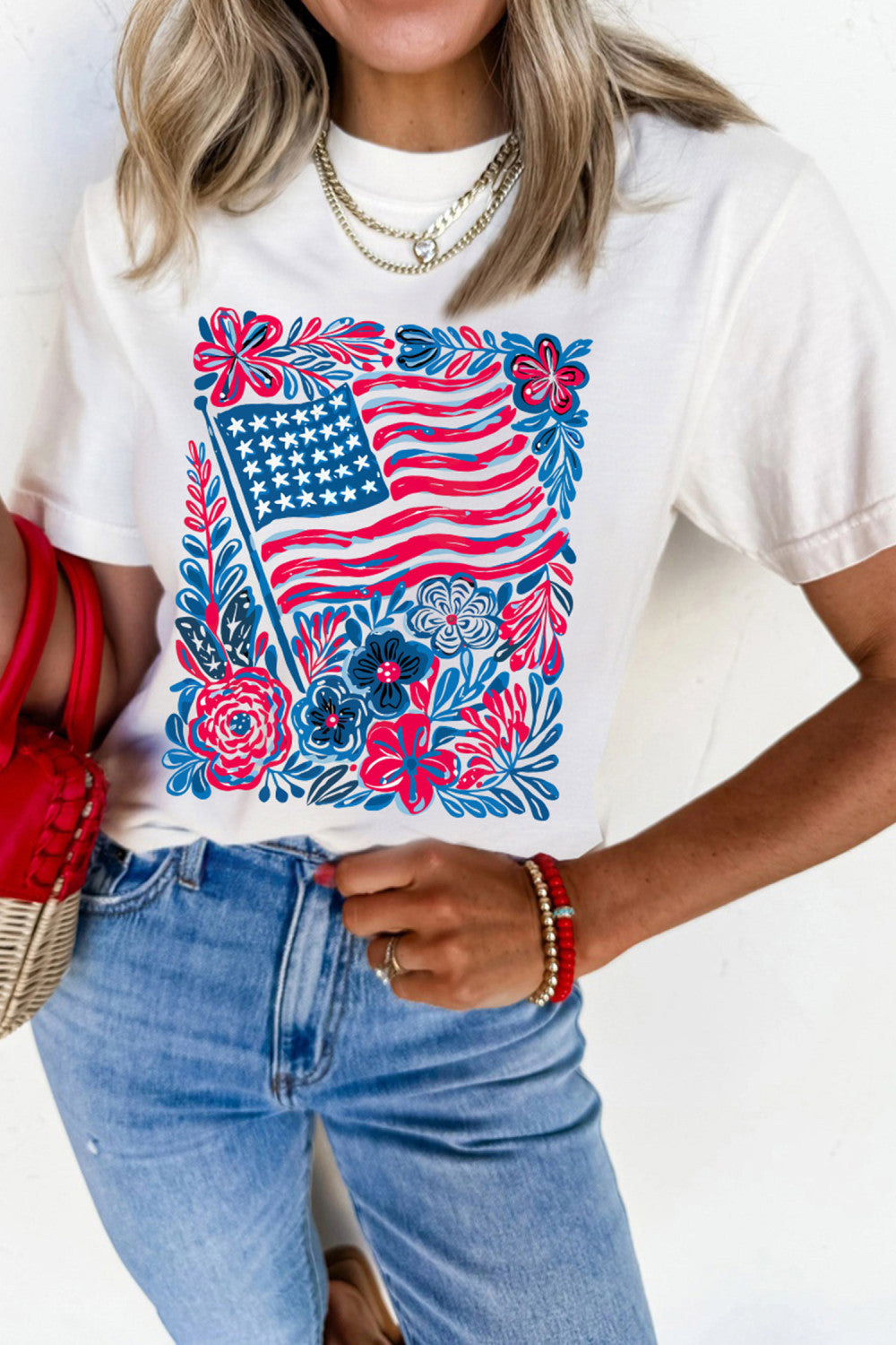 White Floral Flag Aesthetics Patriotic Graphic T Shirt - PREORDER