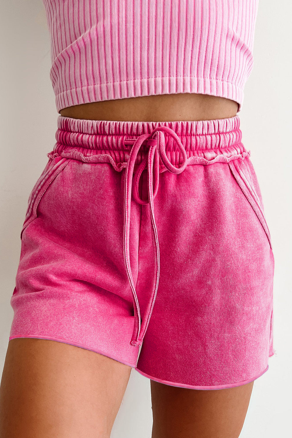 Rose Red Mineral Washed Drawstring Elastic Waist Raw Cut Shorts - PREORDER