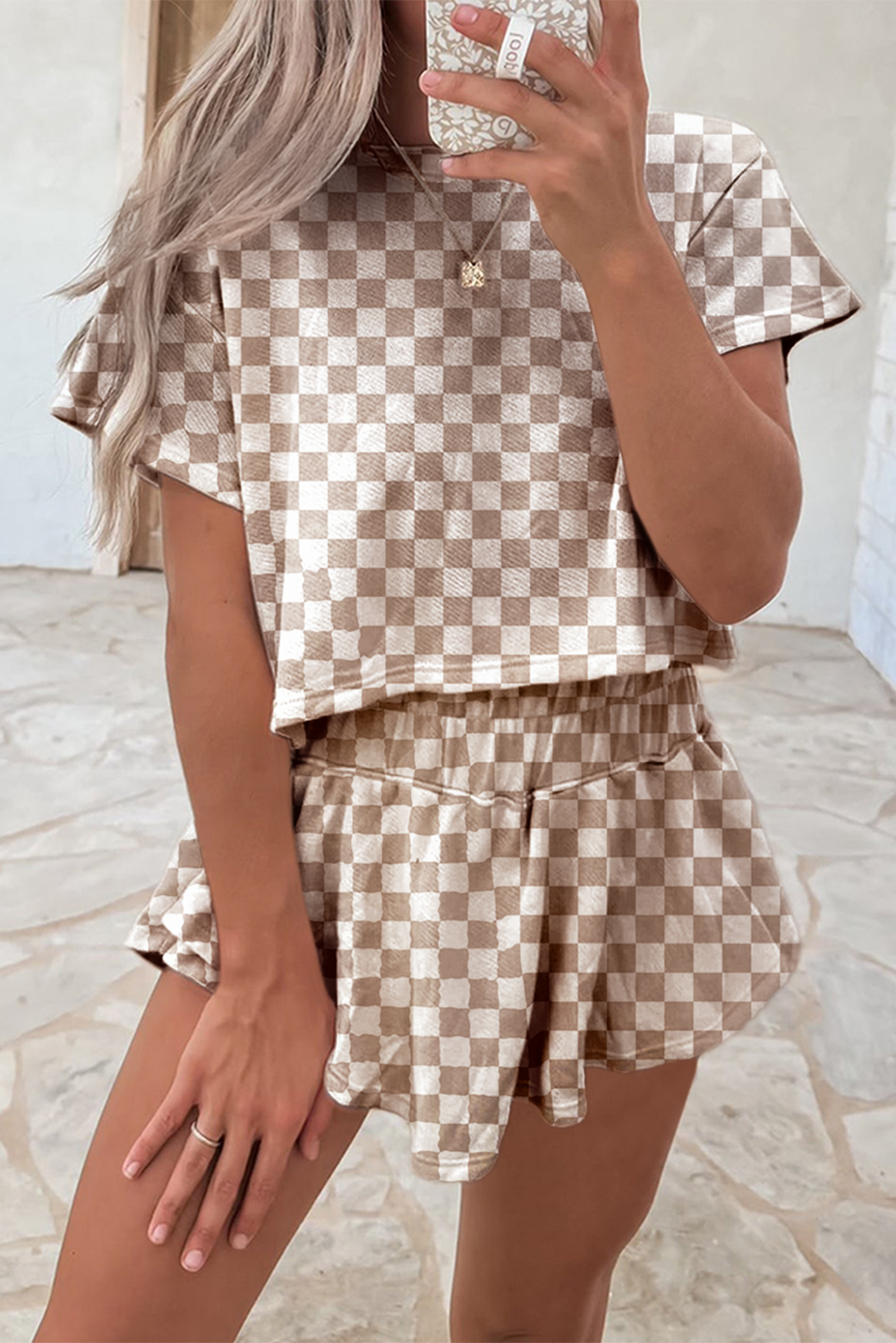 Brown Checkerboard T Shirt and High Waist Skorts 2 Piece Outfit - PREORDER