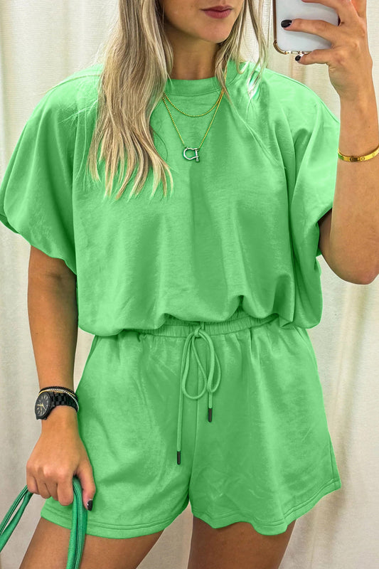 Green Solid Color Puffy Loose Top Drawstring Shorts 2pcs Outfit - PREORDER