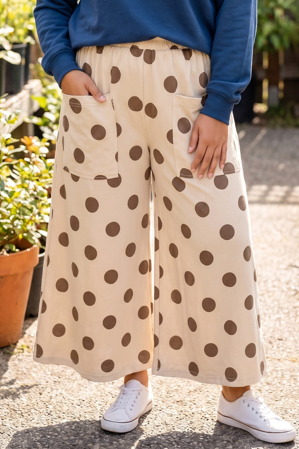 Khaki Polka Dot Elastic Waist Wide Leg Plus Size Pants - PREORDER