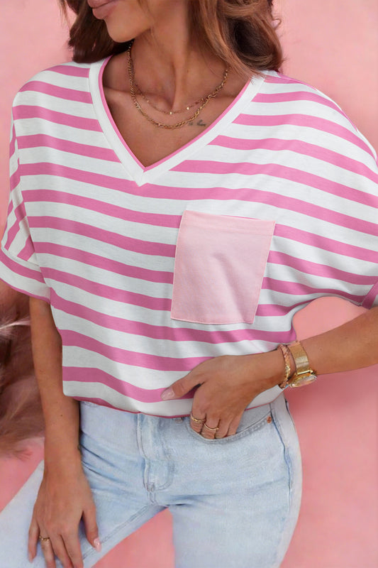 Pink Stripe V Neck Patched Pocket Casual T Shirt - PREORDER