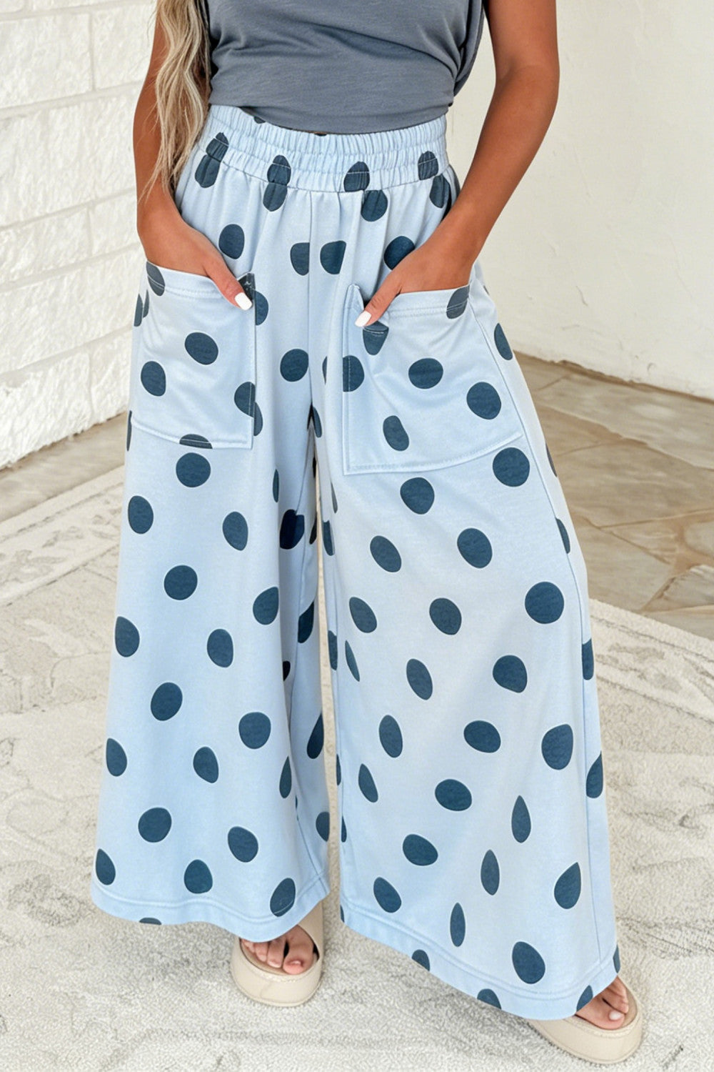 Sky Blue Polka Dot Wide Leg Elastic Waist Casual Pants - PREORDER