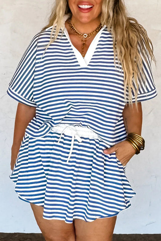 Blue Stripe Short Sleeve Collared V Neck Top Plus Size Short Set - PREORDER