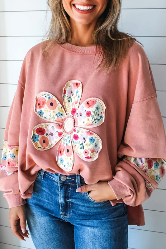 Peach Blossom Plus Size Floral Applique Drop Shoulder Sweatshirt - PREORDER