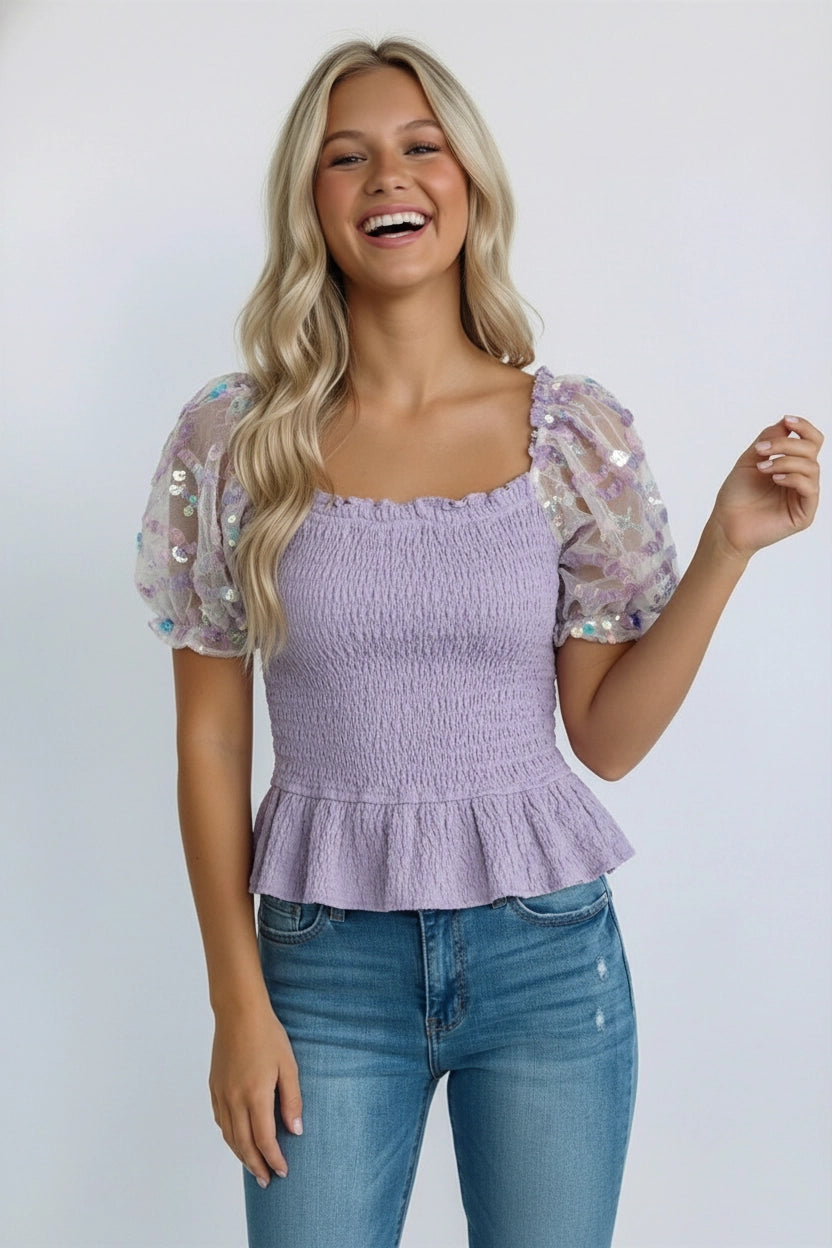 Lavender Square Neck Smocking Sequins Sleeve Top - PREORDER