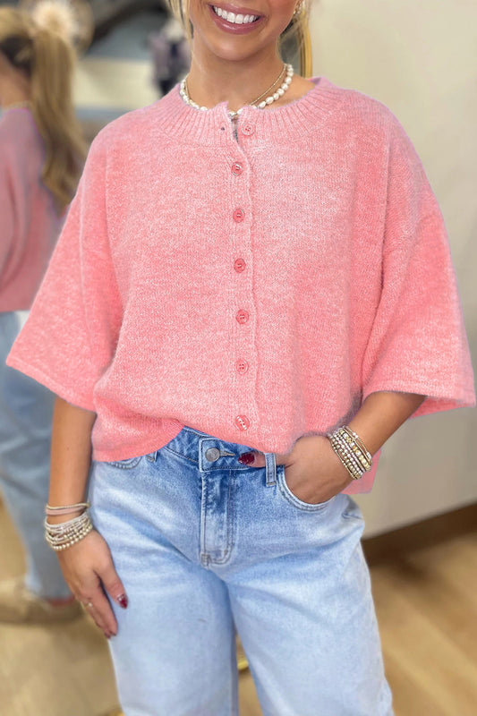 Peach Blossom 3/4 Sleeve Boxy Knit Button Down Sweater Cardigan - PREORDER