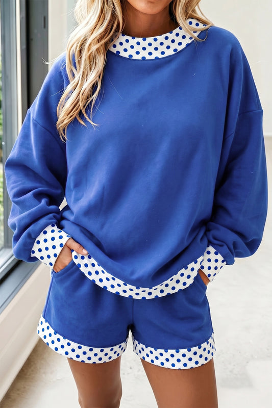 Dark Blue Polka Dot/ Gingham Trim Baggy Pullover 2pcs Short Set - PREORDER