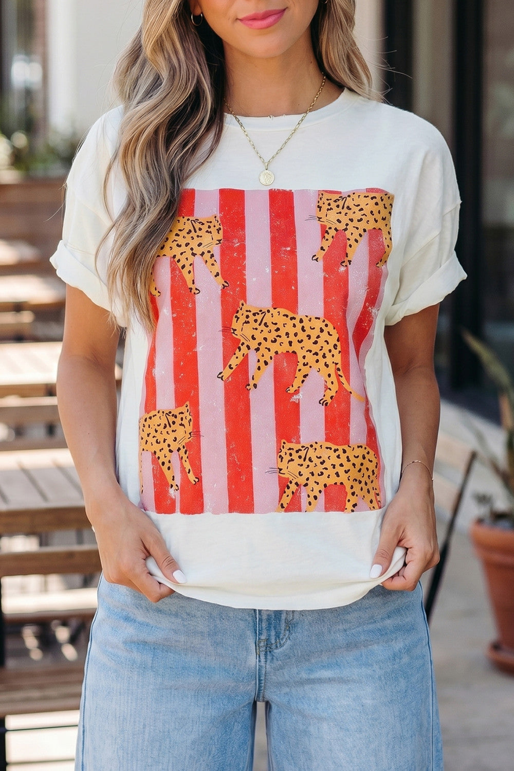 White Cheetah Striped Print Retro Fashion Graphic Tee  - PREORDER