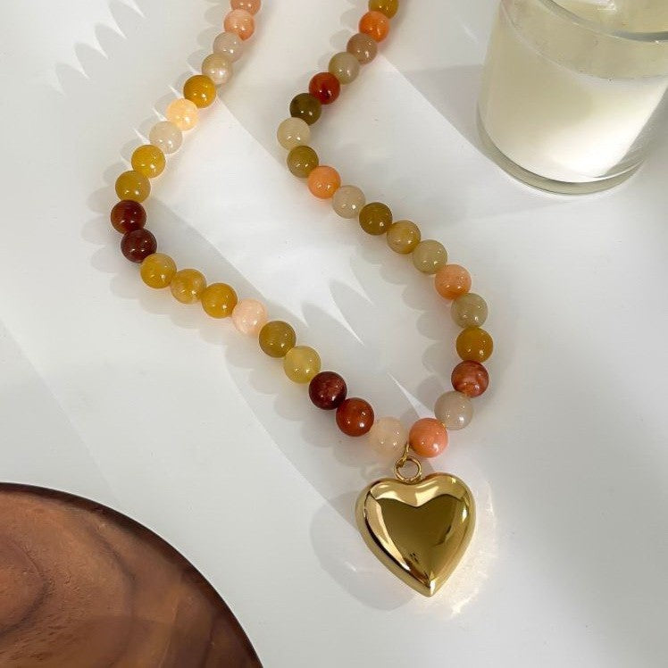Multi Earthy Natural Stone Heart Charm Necklace - PREORDER