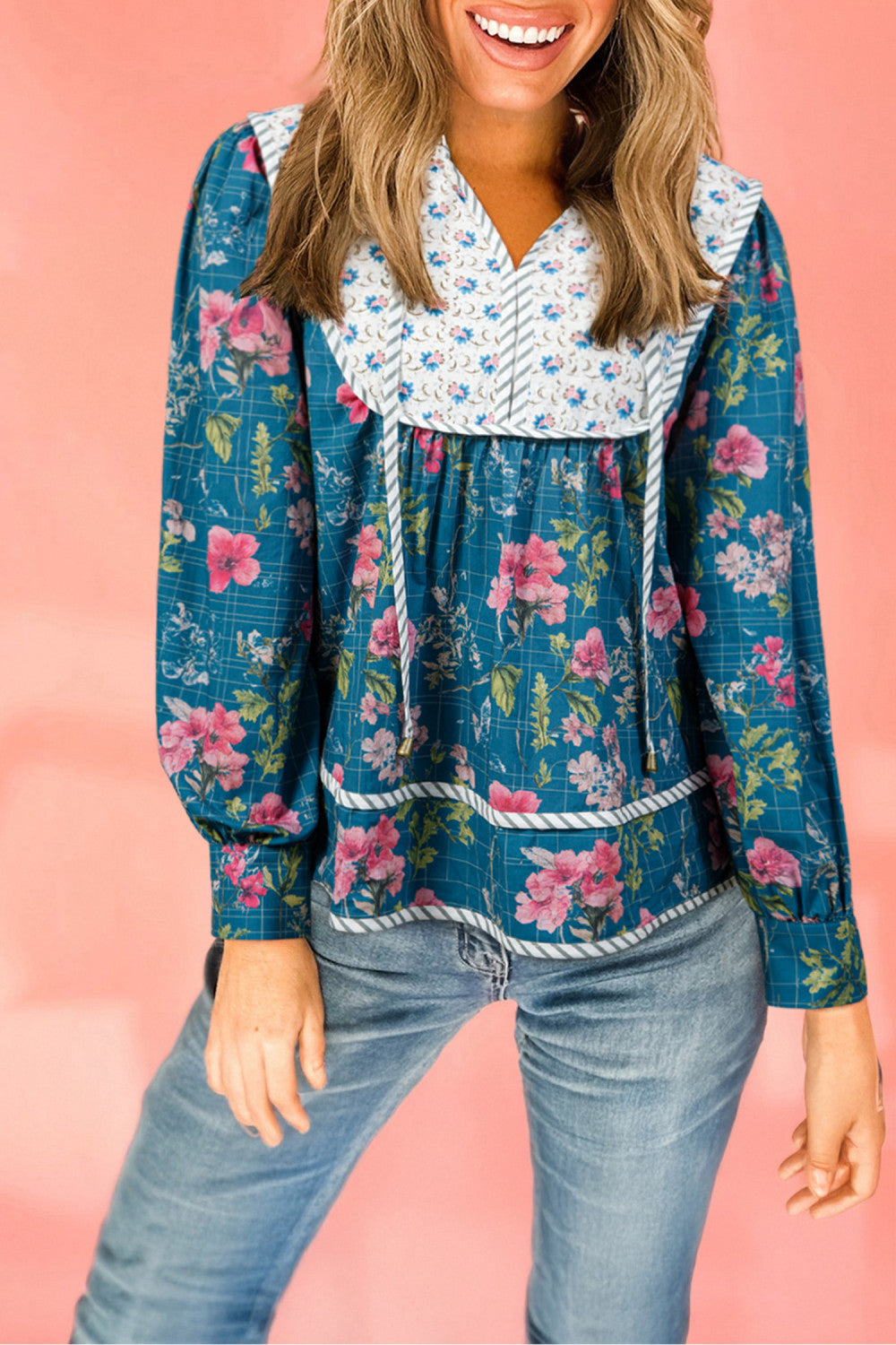 Sky Blue Floral Print Contrast Yoke Patchwork Striped Trim Long Puff Sleeve Blouse - PREORDER