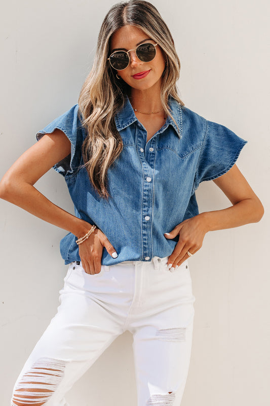 Dusk Blue Ruffled Short Sleeve Denim Shirt - PREORDER