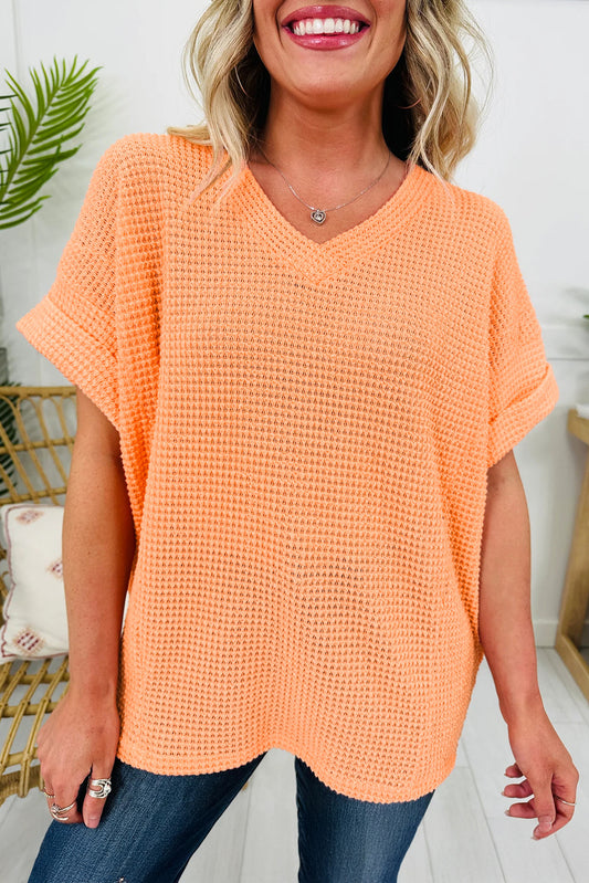 Orange Waffle V Neck Short Sleeve Knit Top - PREORDER