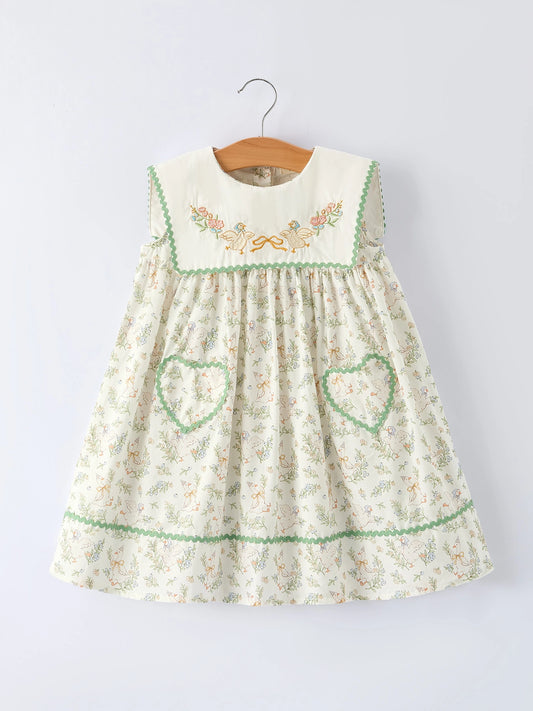 Vintage Floral Duck Embroidery Spring Girl Dress