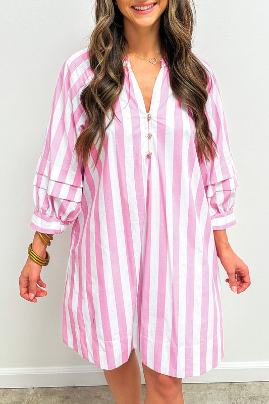 Rose Stripe Bracelet Sleeve Buttons Loose Mini Dress - PREORDER