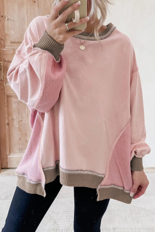 Light Pink Color Block Mix Texture Waffle Patchwork Oversize Sweatshirt - PREORDER