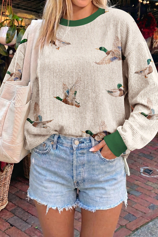 Beige Twisted Ribbed Duck Print Crewneck Casual Pullover Sweatshirt - PREORDER