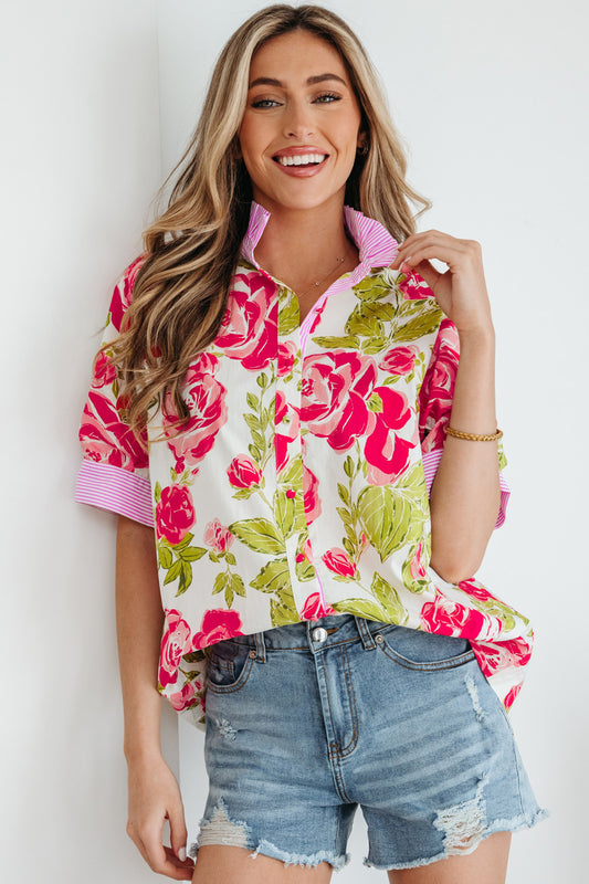 Pink Flower Print Striped Trim Frilled Collar Short Sleeve Shirt - PREORDER