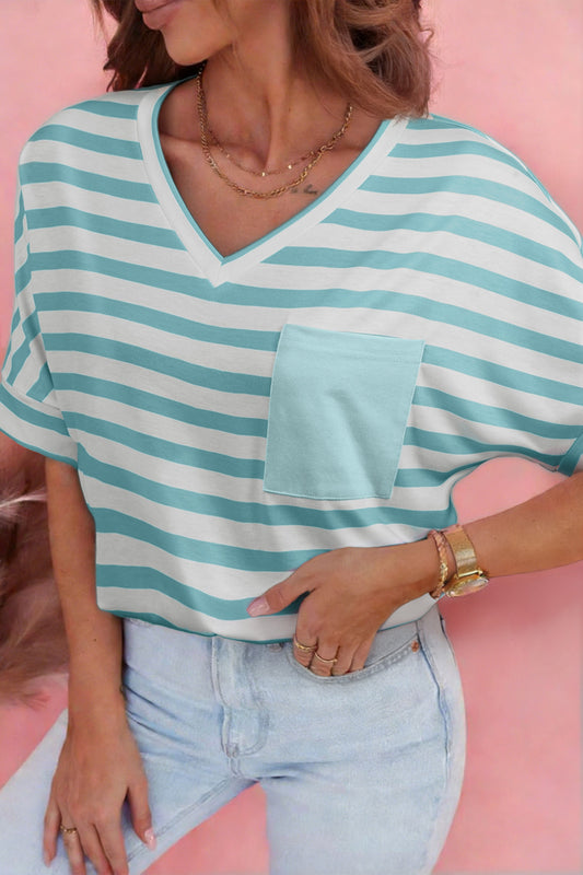 Sky Blue Stripe V Neck Patched Pocket Casual T Shirt - PREORDER