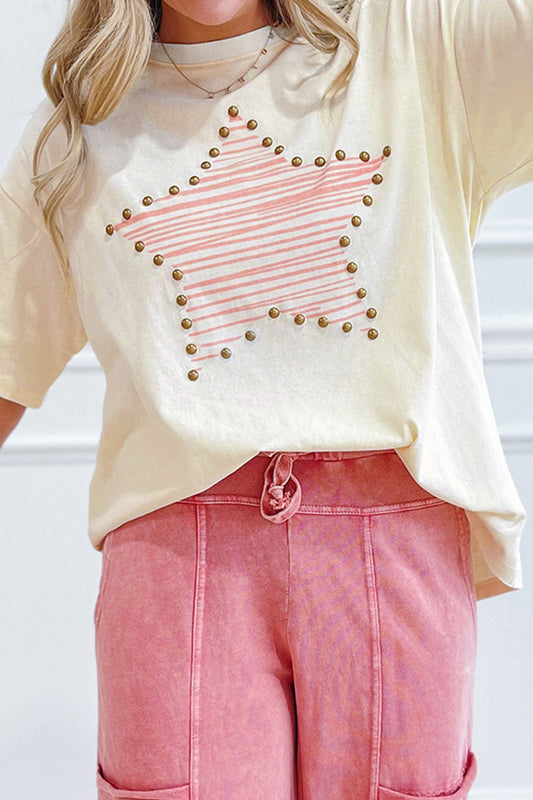 Beige Star Print Stud Detail Cotton Jersey Top - PREORDER