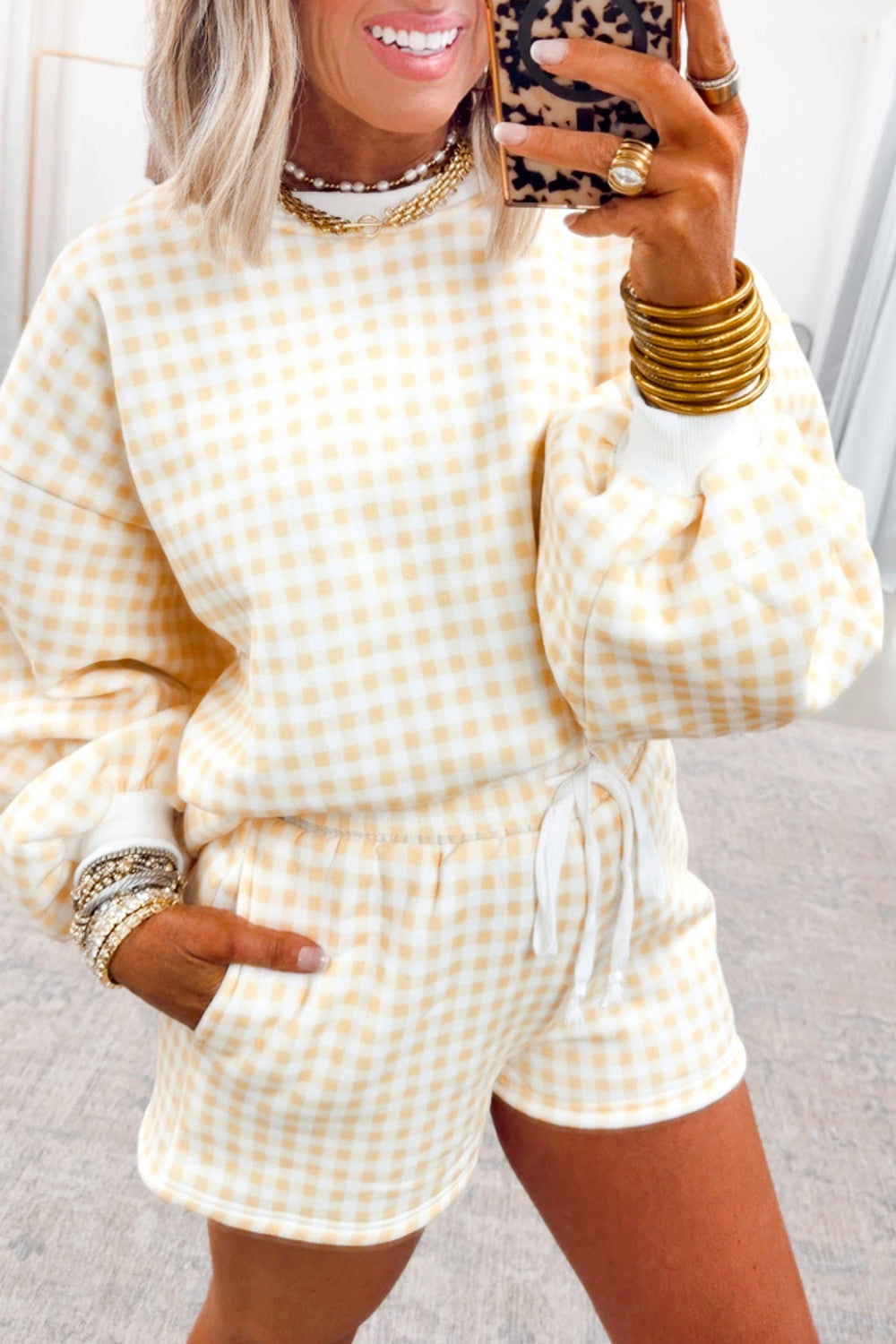 Yellow Plaid Puff Sleeve Sweatshirt Tie Waist 2pcs Shorts Set - PREORDER