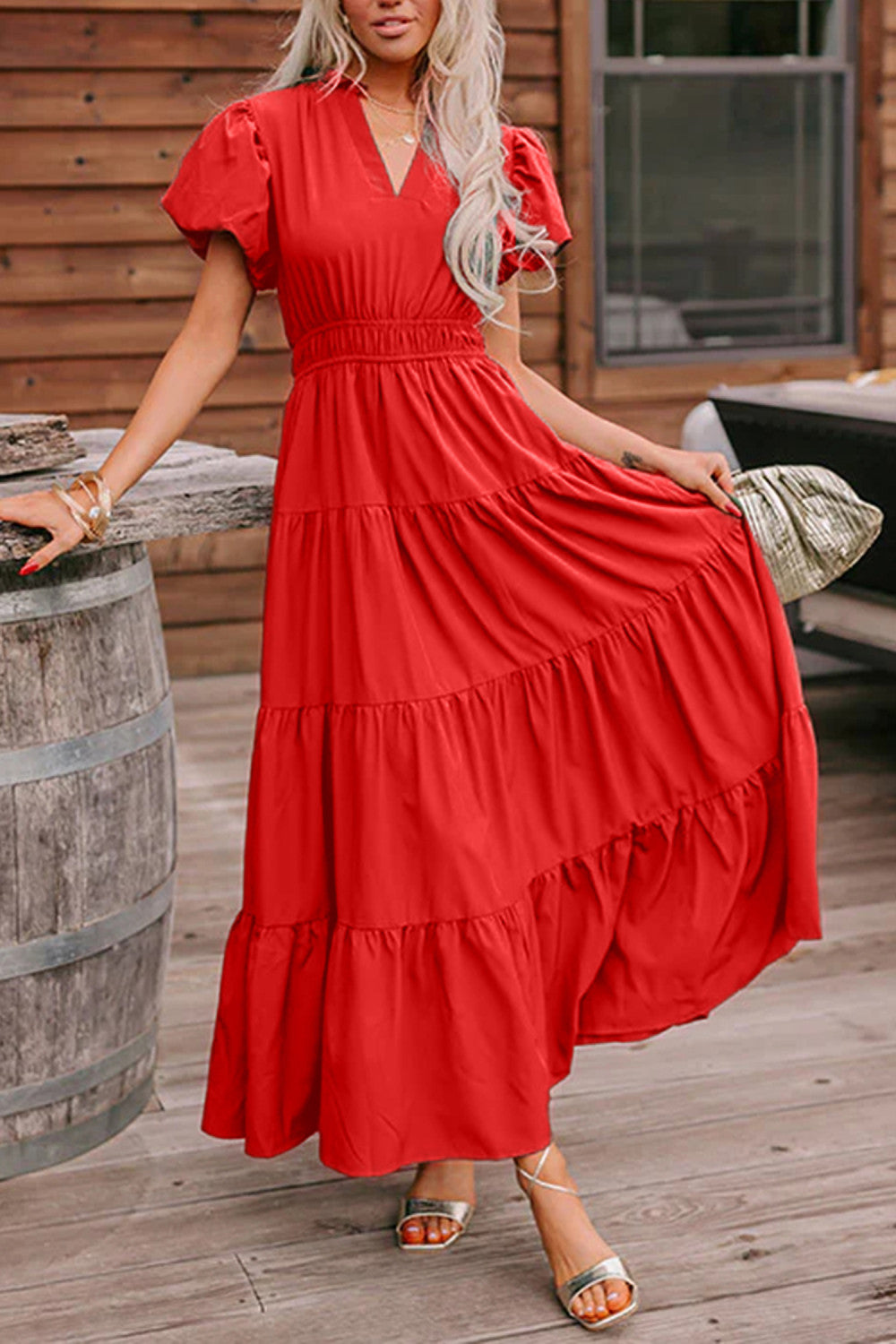 Red Solid Color V Neck Short Puff Sleeve High Waist Tiered Maxi Dress - PREORDER