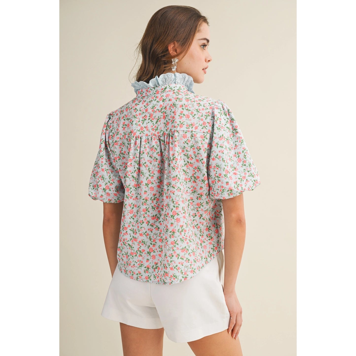 Vintage Bloom High Neck Ruffle Front Floral Top