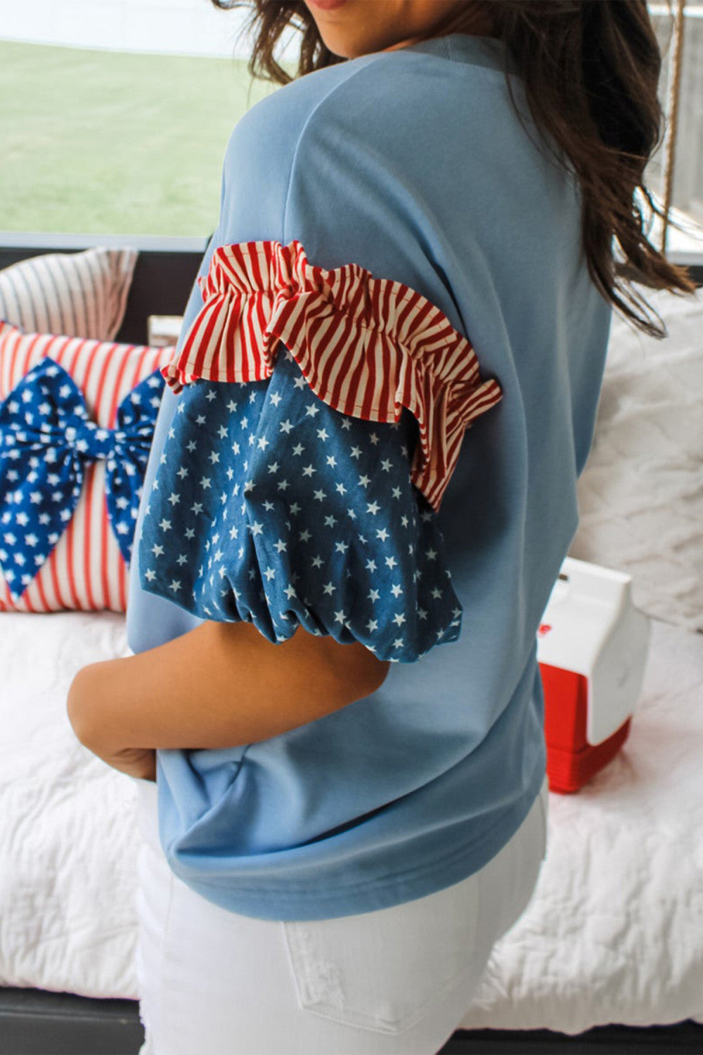 Beau Blue Stars Stripes Short Puff Sleeve Top - PREORDER