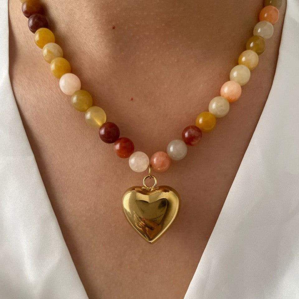 Multi Earthy Natural Stone Heart Charm Necklace - PREORDER