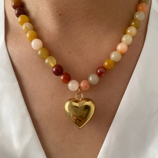 Multi Earthy Natural Stone Heart Charm Necklace - PREORDER