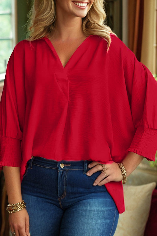 Fiery Red Plus Size Smocked Cuff Dolman Oversized Tunic Blouse - PREORDER