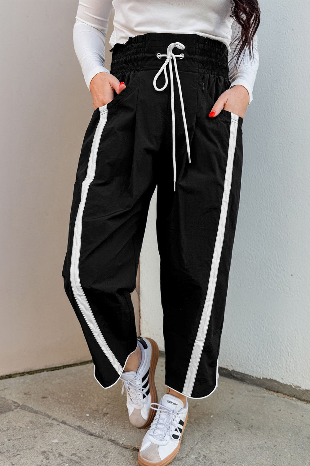Black Contrast Striped Smocked Waist Drawstring Cropped Casual Pants - PREORDER