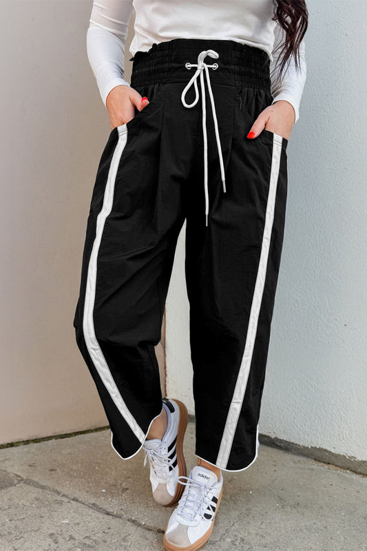 Black Contrast Striped Smocked Waist Drawstring Cropped Casual Pants - PREORDER