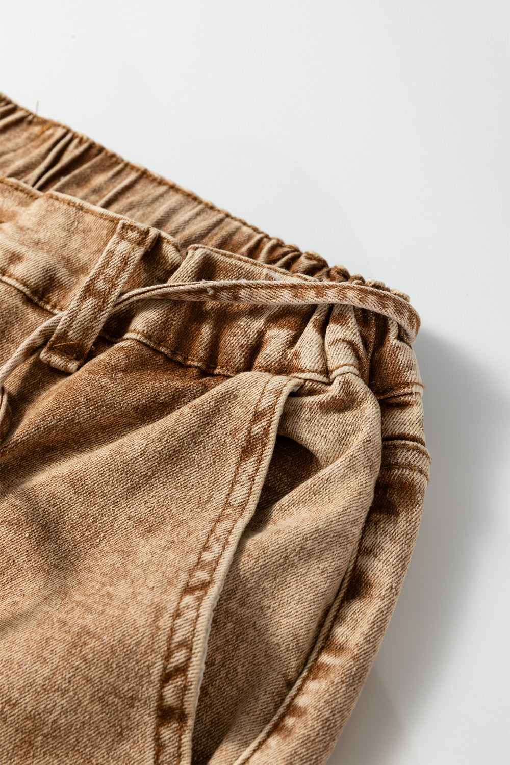 Brown Acid Wash Barrel Fit Denim Pants with Waist Strings - PREORDER