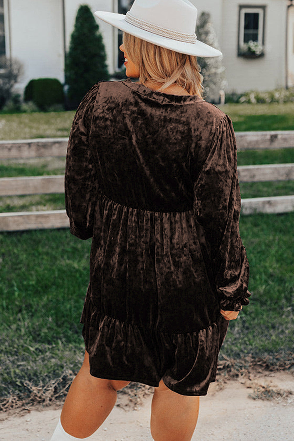Coffee Plus Size Velvet Babydoll Mini Dress with Puff Sleeve - PREORDER